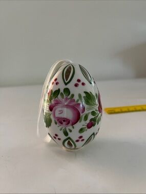 Hand-Painted Floral Porcelain Egg Ornament in White and Pink